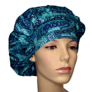 Scrub Cap Endoscopy Scribbles Teal Fabric-ScrubHeads-Bouffant Scrub Hat-Colonoscopy-Bronchoscope-Polyps-ERCP-Endoscopy Suite