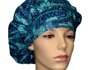 Scrub Cap Endoscopy Scribbles Teal Fabric-ScrubHeads-Bouffant Scrub Hat-Colonoscopy-Bronchoscope-Polyps-ERCP-Endoscopy Suite