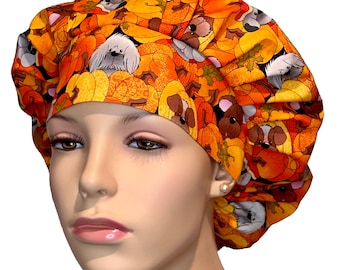 Scrub Caps Fall Pumpkin Puppies-Scrub Caps-Veterinarian Scrub Hat-ScrubHeads-Etsy Scrub Hats-Scrub Hats For Women-Holiday Scrub Hats