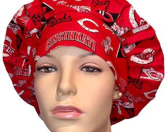 Scrub Caps Cincinnati Reds Retro Cotton Fabric-Bouffant Scrub Hat-ScrubHeads-Scrub Cap For Women-Cincinnati Scrub Hat-Baseball Scrub Hats