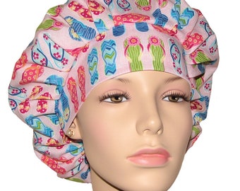 Scrub Hats Flip Flops On Pink Fabric-ScrubHeads-Scrub Caps-Scrub Hats For Women-Beach Scrub Hat-Flip Flops Scrub Hat-Fabric Scrub Hat