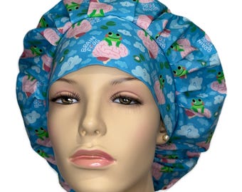 Scrub Cap Brain Frog-ScrubHeads-Bouffant Scrub Hat-Neurology-Brain Scrub Hat-Brain Fog-Mental Health-Need Coffee-Frog Fabric