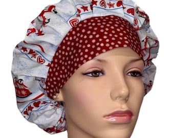 Scrub Caps Christmas Penguin Party Stripe Fabric-ScrubHeads-Scrub Cap-Surgical Caps-Bouffant Cap-Etsy Scrub Hats-Holiday Scrub Hats-Penguins