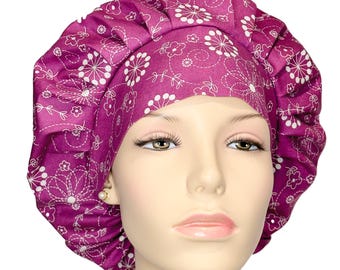 Scrub Hats Stitched Flowers Violet-ScrubHeads-Bouffant Scrub Hat-Scrub Hats For Women-Fabric Scrub Hat-Floral Scrub Hat-Etsy Scrub Hat