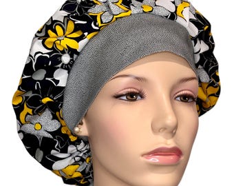 Scrub Caps Buttercup Black Cotton Fabric-Scrubheads-Scrub Caps-Surgical Scrub Hat-Bouffant Scrub Hat-Floral Scrub Hat-Anesthesia Scrub Hat