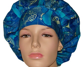 Scrub Cap Turquoise Blue Crystal Garden-ScrubHeads-Bouffant Scrub Hat-Women's Scrub Hat-Etsy Scrub Hat-Fabric Scrub Hat-Anesthesia Scrub Hat