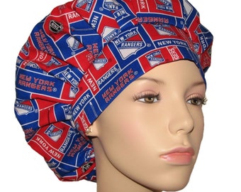 Scrub Caps New York Rangers-NHL Fabric-ScrubHeads-Bouffant Scrub Hat-Scrub Caps For Women-NY Rangers Scrub Hat-Anesthesia Scrub Hat