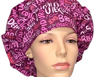 Scrub Cap L D Word Scribbles Fabric-ScrubHeads-Bouffant Scrub Hat-Maternity Scrub Hat-Obstetrics Scrub Hat-Antepartum-Postpartum-L D Nurse