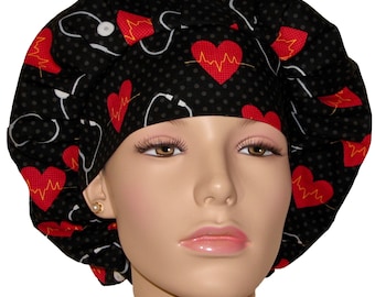 Scrub Caps Heart Beat Stethoscope-ScrubHeads-Scrub Cap-Bouffant Scrub Hat-Fabric Scrub Hat-Womens Scrub Hat-Cath Lab Scrub Hat-EKG Scrub Hat