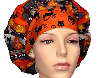 Scrub Caps Halloween Black Cats Moonlight Magic-Bouffant Scrub Hat-Women Scrub Hats-ScrubHeads-Scrub Caps-Veterinarian Hat-Fabric Scrub Hats