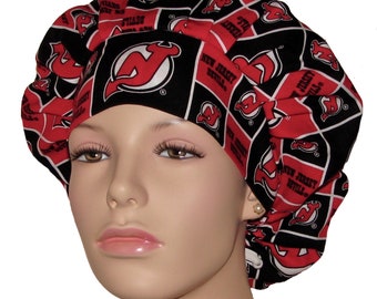Scrub Hats New Jersey Devils-NHL Cotton Fabric-Scrub Hat For Women-Hockey Scrub Hat-ScrubHeads-Anesthesia Scrub Hat-Etsy Scrub Hats