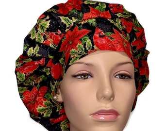 Scrub Caps Christmas Cardinals Poinsettias-ScrubHeads-Scrub Cap-Christmas Scrub Hat-Fabric Scrub Hat--Etsy Scrub Hats-Bouffant Cap