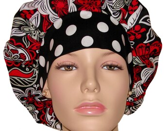 Scrub Caps Floreo Floral Black Red-ScrubHeads-Scrub Caps-Scrub Hats-Surgical Cap-Bouffant Scrub Hat-Floral Scrub Hat-Anesthesia Scrub Hat