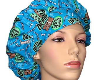 Scrub Cap Ortho Joints On Blue Fabric-ScrubHeads-Bouffant Scrub Hat-Orthopedics Scrub Hat-Orthopedic Surgery-Ortho Nurse-Bones-Joint Surgery