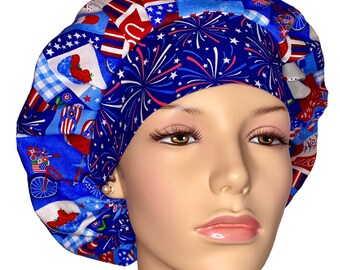 Scrub Hats Patriotic Happy Place-ScrubHeads-Bouffant Scrub Hat-Patriotic Scrub Hat-Holiday Scrub Hat-Scrub Cap-Fabric Scrub Hat-4th Of July