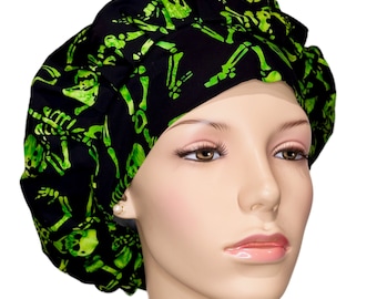 Scrub Caps Halloween Dancing Skeletons Black Batik Fabric-Green Skeletons-Scrub Hat-Women's Scrub Hats-Scrub Cap-ScrubHeads-Etsy Scrub Hats