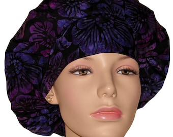 Scrub Caps Batik Floral Deep Purple-ScrubHeads-Scrub Caps-Fabric Scrub Hats-Women's Scrub Hat-Batik Scrub Hat-Etsy Scrub Hats-Bouffant Hat