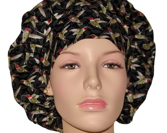 Scrub Caps Hummingbirds-ScrubHeads-Scrub Hats For Women-Bouffant Scrub Cap For Women-Birds Scrub Hat-Black Scrub Hat-Anesthesia Scrub Hat