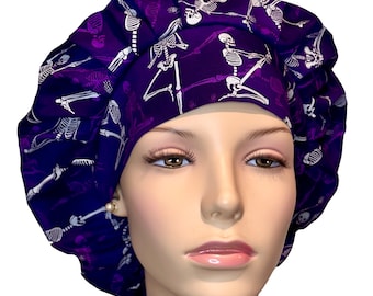 Scrub Caps Yoga Skeletons-Skeletons On Purple Fabric-Bouffant Scrub Hat-Women's Scrub Hats-Scrub Cap-ScrubHeads-Surgical Hat-Etsy Scrub Hats