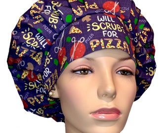 Scrub Cap Will Scrub For Pizza Fabric-ScrubHeads-Bouffant Scrub Hat-Scrub Tech Scrub Hat-Surgical Technologist-Scrub Tech Fabric-OR Tech