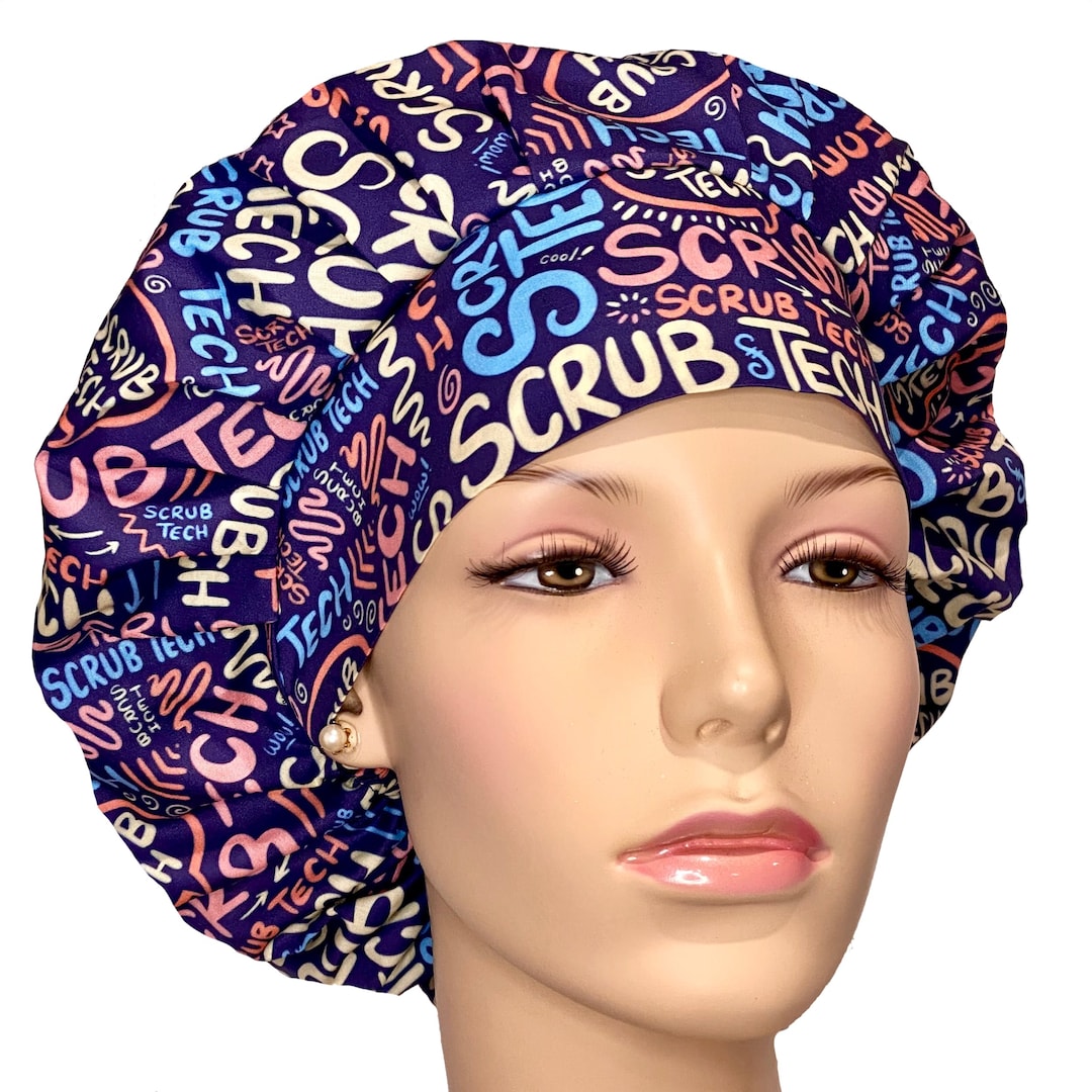 Scrub Cap Scrub Tech on Navy Fabricscrubheadsbouffant Scrub Hatscrub