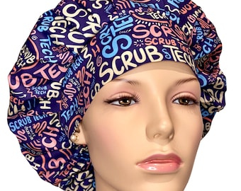 Scrub Cap Scrub Tech On Navy Fabric-ScrubHeads-Bouffant Scrub Hat-Scrub Tech Scrub Hat-Surgical Technologist-Scrub Tech Fabric-OR Tech