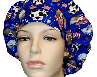 Scrub Cap Patriotic Puppies Fabric-ScrubHeads-Bouffant Scrub Hat-Puppies Scrub Hat-Veterinarian-Vet Tech-Red White Blue Patriotic Fabric-