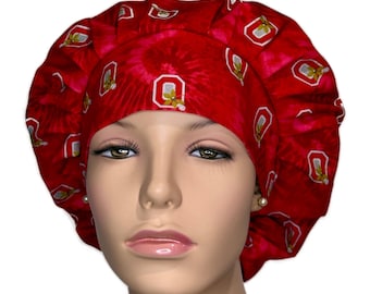 Scrub Caps Ohio State Buckeyes Tie Dye Cotton Fabric-Bouffant Scrub Hat-Ohio-Buckeyes Scrub Hat-ScrubHeads-OSU Scrub Hat-Buckeye Nut Leaves