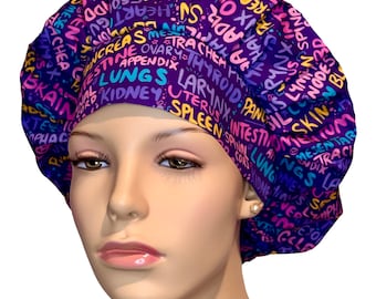 Scrub Cap Organ Scribbles On Purple Fabric-ScrubHeads-Bouffant Scrub Hat-OR Nurse Scrub Hat-Operating Room Nurse-Surgical Nurse-Body Organs