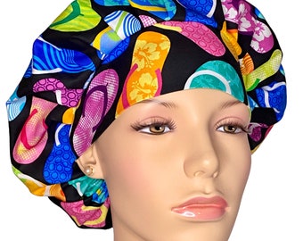 Scrub Caps Big Bright Flip Flops Fabric-ScrubHeads-Scrub Caps-Scrub Hats For Women-Beach Scrub Hat-Flip Flops Scrub Hat-Fabric Scrub Hat
