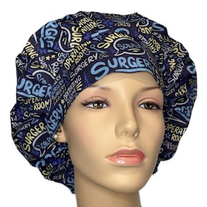 May include: A blue and yellow surgical scrub hat with the words "Surgery", "Operating Room", "Scalpel", and other related terms written in a doodle style.