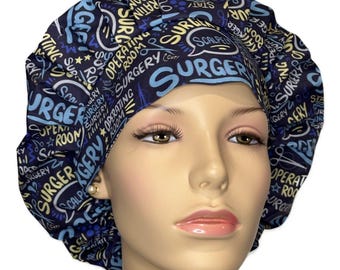 Scrub Cap Surgery On Blue Fabric-ScrubHeads-Bouffant Scrub Hat-OR Nurse Scrub Hat-Operating Room Nurse-Surgery Scalpel-Scrub Tech-Surgery