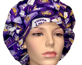 Scrub Caps LSU Tigers License Plates Cotton Fabric-ScrubHeads-LSU Scrub Hat-LSU Football-Surgical Hat-Scrub Caps-Bouffant Scrub Hat