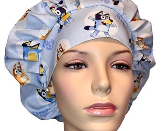 Scrub Caps Bluey And Bingo Fabric-Pediatrics Scrub Hat-Scrub Cap-Bouffant Scrub Hat-ScrubHeads-Bluey Characters Scrub Hat