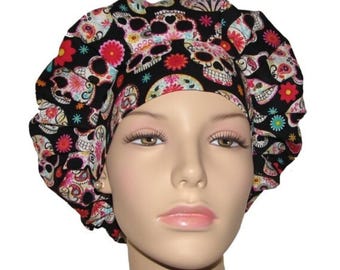 Scrub Caps Sugar Skulls  On Black Cotton-ScrubHeads-Skulls Scrub Hat-Bouffant Scrub Hat-Scrub Caps-Women's Scrub Hat-Anesthesia Scrub Hat