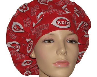 Scrub Caps Cincinnati Reds Cotton Fabric-Bouffant Scrub Hat-ScrubHeads-Surgical Scrub Cap For Women-Cincinnati Scrub Hat-Baseball Scrub Hats