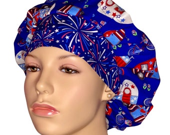Scrub Caps Patriotic Campers-ScrubHeads-See The USA-Bouffant Scrub Hat-Patriotic Scrub Hat-Holiday Scrub Hat-Scrub Cap-Fabric Scrub Cap