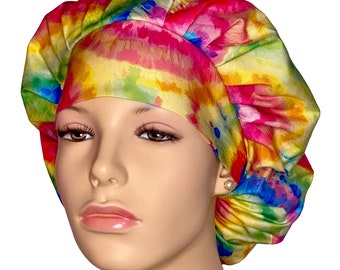 Scrub Caps Summer Bright Tie Dye-Bouffant Scrub Cap-Scrub Hats For Women-Bouffant Scrub Hat-ScrubHeads-Tie Dye Scrub Hat-Etsy Scrub Hat