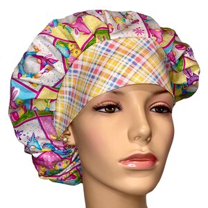 Scrub Hats Easter Multi Patchwork-ScrubHeads-Fabric Scrub Cap-Easter Gnomes-Bouffant Scrub Hat-Easter Gnomes Scrub Hat-Surgical Scrub Caps