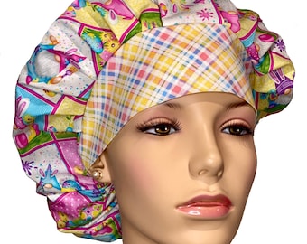 Scrub Hats Easter Multi Patchwork-ScrubHeads-Fabric Scrub Cap-Easter Gnomes-Bouffant Scrub Hat-Easter Gnomes Scrub Hat-Surgical Scrub Caps