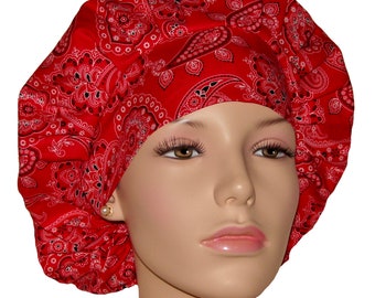 Scrub Caps Red Bandana-ScrubHeads-Scrub Cap-Bouffant Scrub Hat-Fabric Scrub Hat-Women's Scrub Hat-Red White Blue-Paisley Bandana Scrub Hat
