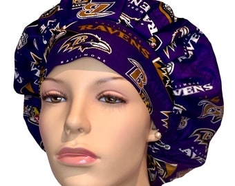 Scrub Caps Baltimore Ravens Purple Retro Fabric-Bouffant Scrub Hats-ScrubHeads-Surgical Caps For Women-Ravens Scrub Hat-Baltimore Scrub Hat
