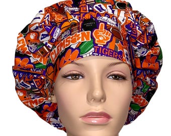 Scrub Caps Clemson Tigers Doodle Fabric-Bouffant Scrub Hats-ScrubHeads-Clemson Scrub Hat-Surgical Caps For Women-Anesthesia Scrub Hats