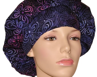 Scrub Caps Batik Simple Blooms Deep Purple-ScrubHeads-Fabric Scrub Hats-Women's Scrub Hat-Batik Scrub Hat-Etsy Scrub Hats-Bouffant Hat