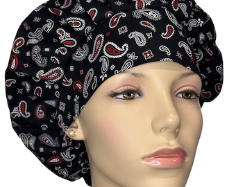 Scrub Caps Black Bandana-ScrubHeads-Scrub Cap-Bouffant Scrub Hat-Fabric Scrub Hat-Women's Scrub Hat-Red White Blue-Paisley Bandana Scrub Hat