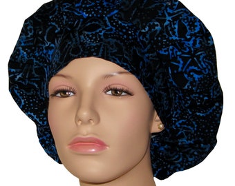 Scrub Hats Batik Starfish Midnight Blue-ScrubHeads-Scrub Caps-Batik Fabric-Starfish Scrub Hat-Women's Scrub Hat-Blue Batik Scrub Hat