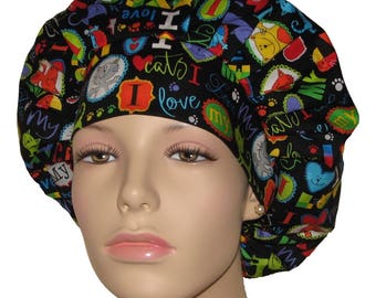 Scrub Caps I Love My Cat-Bouffant Scrub Hat-ScrubHeads-Scrub Cap-Surgical Cap-Anesthesia Scrub Hat-Veterinarian Scrub Hat-Vet Tech Scrub Hat