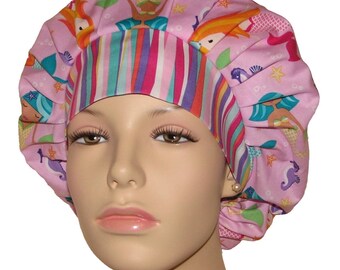 Pink Mermaids Fairy Tails Scrub Hat-ScrubHeads-Bouffant Scrub Hat-Fabric Scrub Hats-Mermaids Scrub Hat-Fun Scrub Hats-Anesthesia Scrub Hat