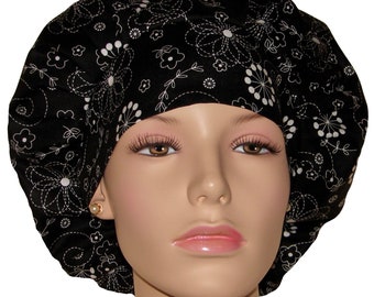 Scrub Hats Stitched Flowers Black-ScrubHeads-Bouffant Scrub Hat-Scrub Hats For Women-Fabric Scrub Hat-Floral Scrub Hat-Etsy Scrub Hat
