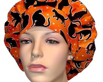 Scrub Caps Halloween Black Cats On Orange-Scrub Hats-Scrub Caps For Women-ScrubHeads-Scrub Caps-Veterinarian Hat-Fabric Scrub Hat-Black Cats
